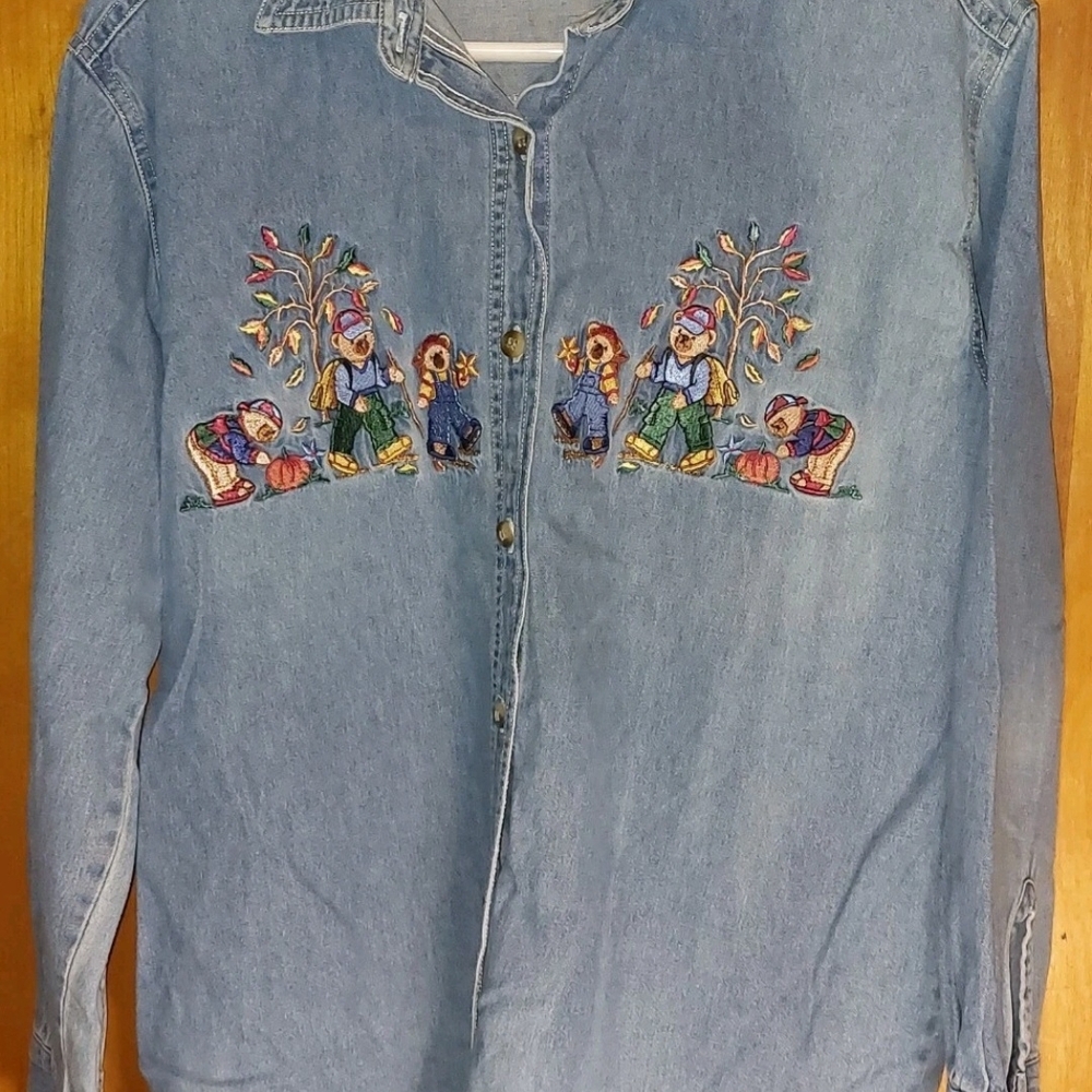 Embroidered Light Wash Denim Button-Up Shirt - Multicolor Fall Motif